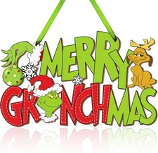 Christmas Door Sign Decorations Hanging Sign, Merry Grinchmas Xmas 