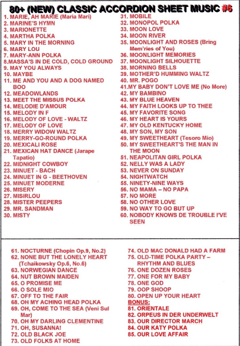 80+ SONGS! - HUGE VINTAGE ACCORDION SHEET MUSIC COLLECTION! - CD#6 
