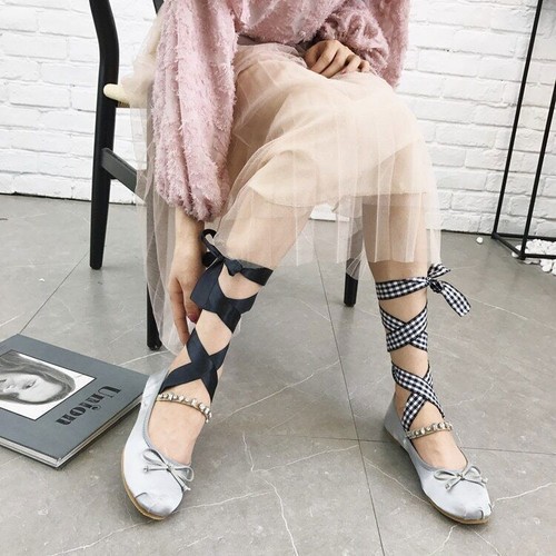 Classic Silk Ballet Shoes Lace up Ballet Shoes Women Round Toe Bowtie Flats - Picture 27 of 48