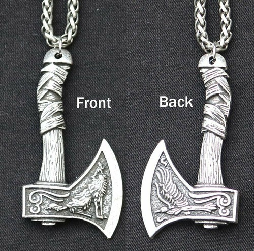Aegis Mens Norse Viking Wolf Raven Axe Pendant Necklace Jewelry Stainless Steel - Picture 5 of 6