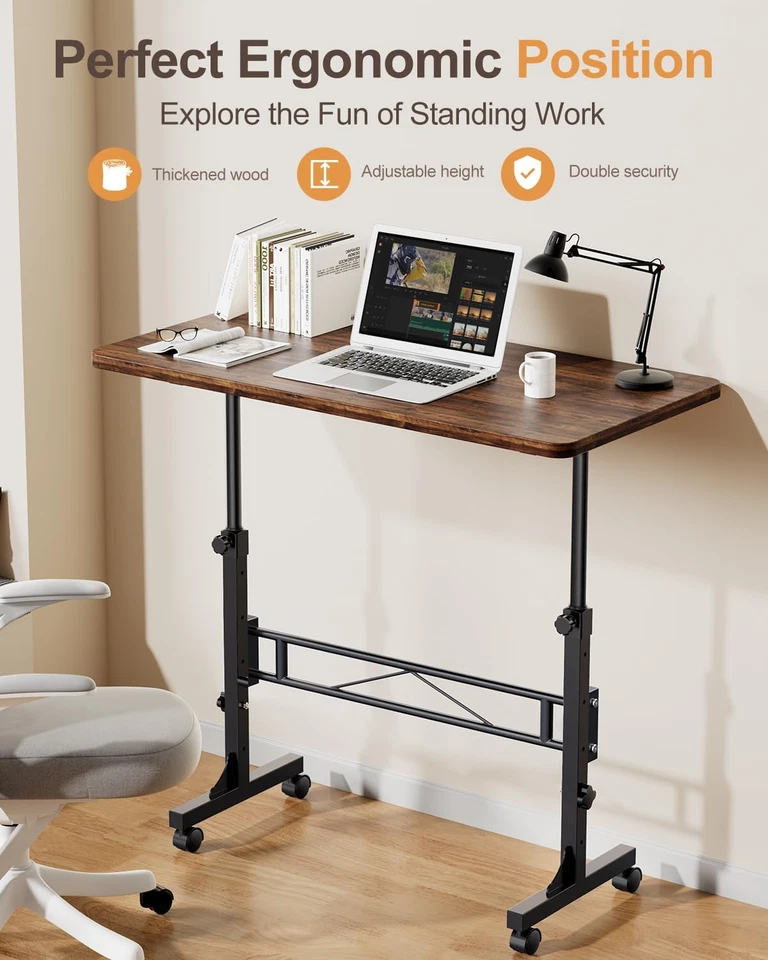 Small Standing Desk Adjustable Height, Mobile Stand Up Desk with Wheels, Rustic - Image 2 of 4