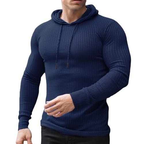 Men's Long Sleeve Hooded Tops Gym Fitness Slim Fit Knitted Drawstring Sweatshirt - Picture 4 of 28