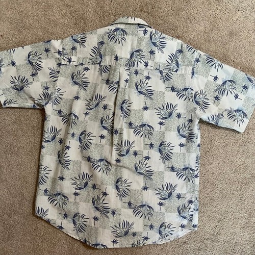 Bugle Boy Co Herren geknöpftes geblümtes Hawaii Camp Hemd Größe M weiß blau Vintage - Bild 10 von 12