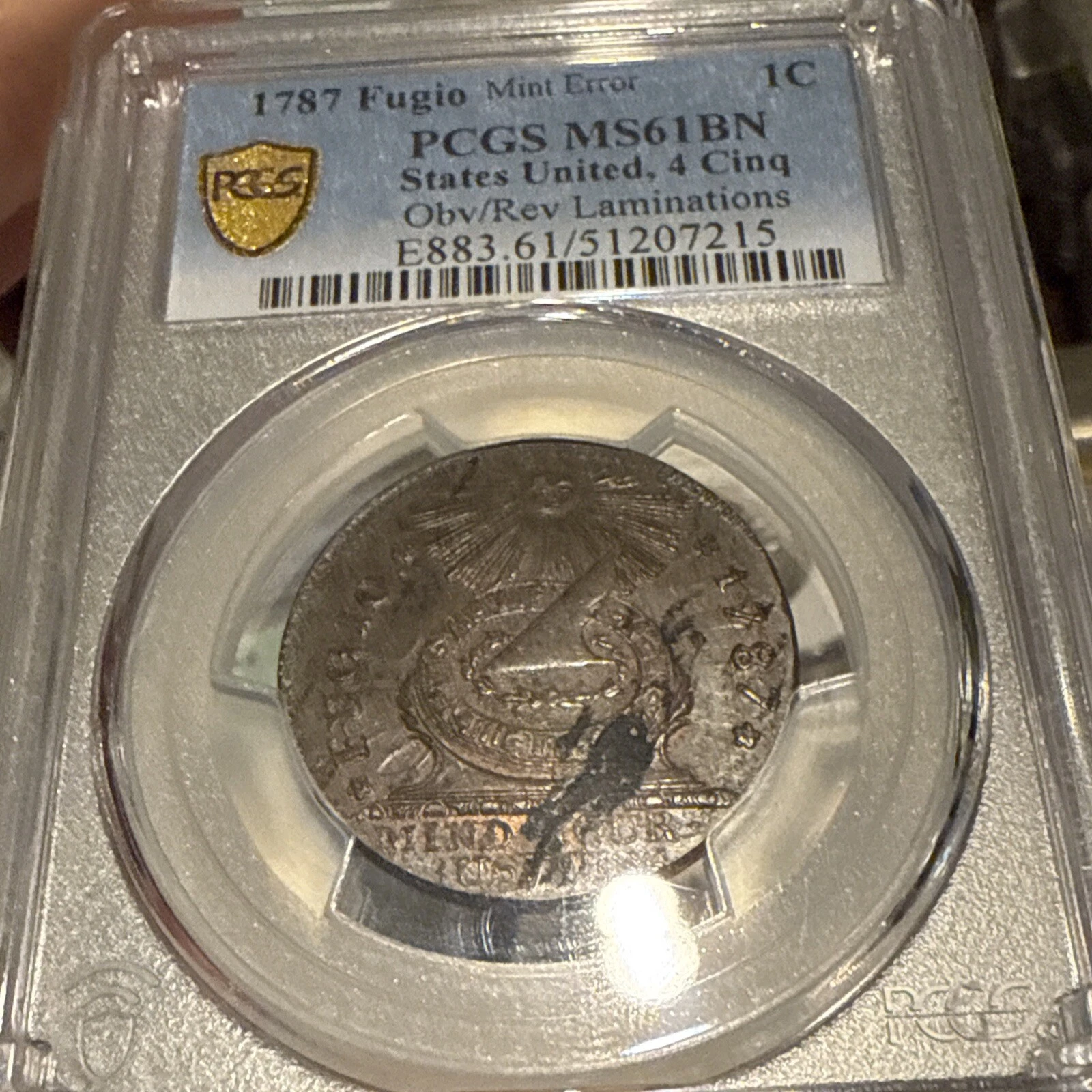 1787 Fugio Cent 4 Cinq Mint Error Obv/rev Lamination! RARE  PCGS MS61 BN PQ