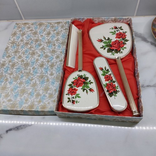 Vintage Boxed 4 Piece Dressing Table Set 2 Brushes Comb Mirror Roses - Picture 2 of 6