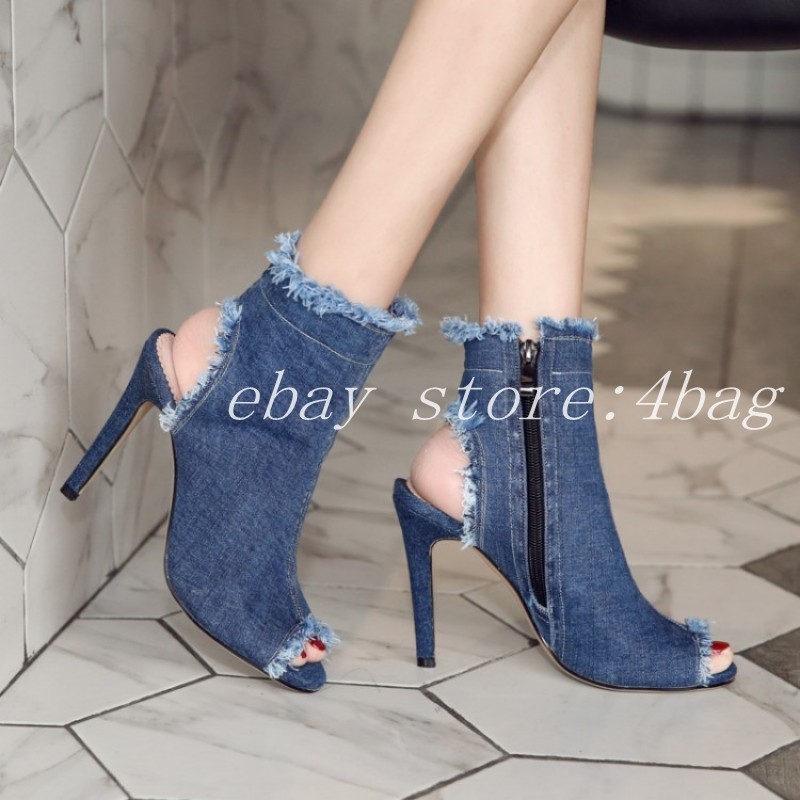 Para mujeres Zapatos Denim Peep Toe Toe Toe Tacones de aguja Sandalias Sexy Romano Cremallera Lateral Zapatos Talla e15f75 Para mujeres Zapatos Denim Peep Toe Toe Toe Tacones de aguja Sandalias Sexy Romano Cremallera Lateral Zapatos Talla e15f75
