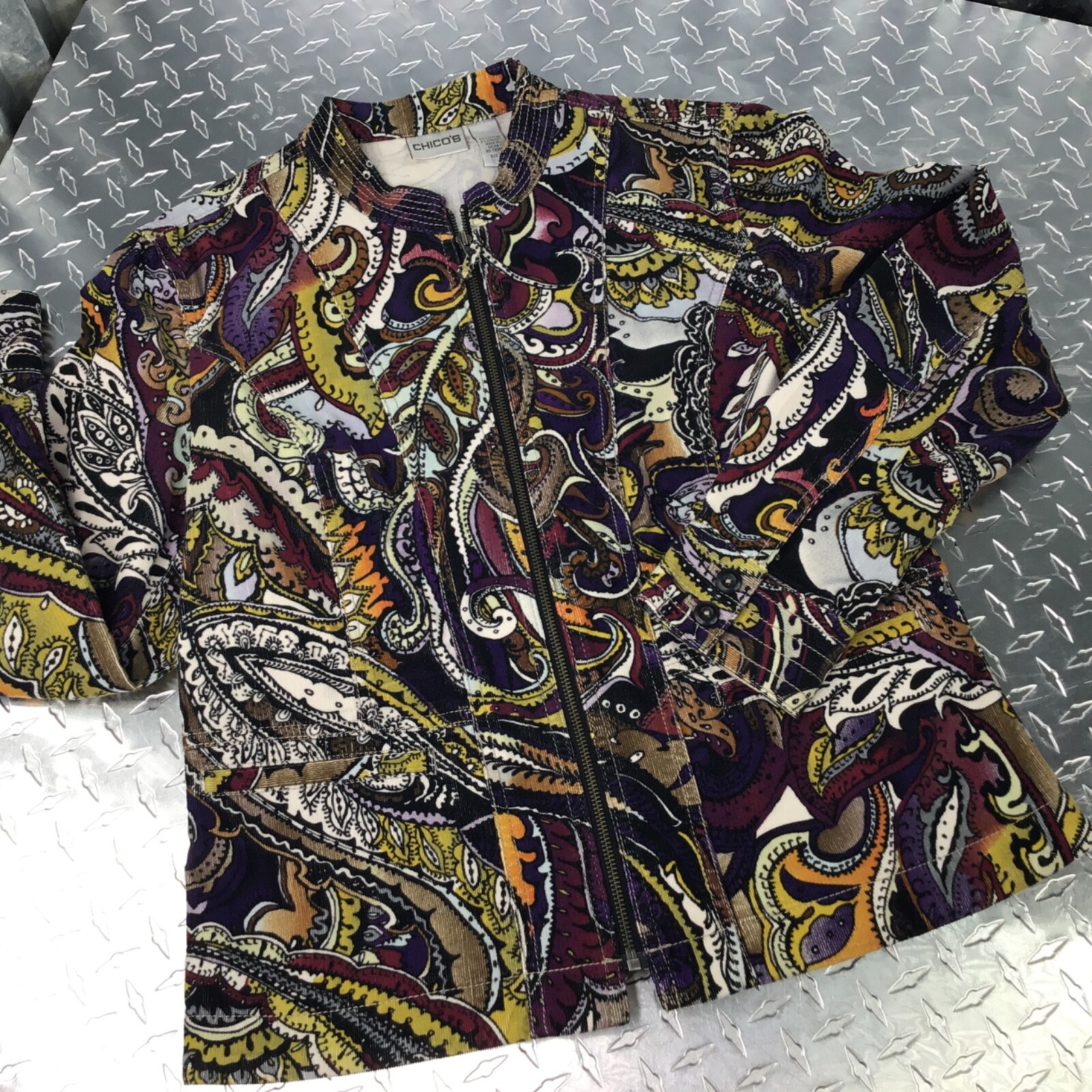 Chico's Women's Career Corduroy Jacket Multi Color Paisleys Zip Long