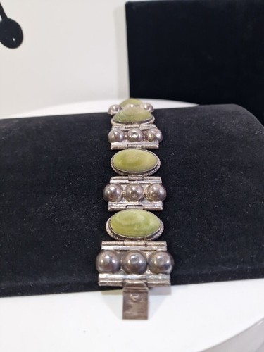 1940'S Green Onyx Bracelet - Sterling Silver - Made in Mexico - Box Clasp, *87 - Picture 3 of 14