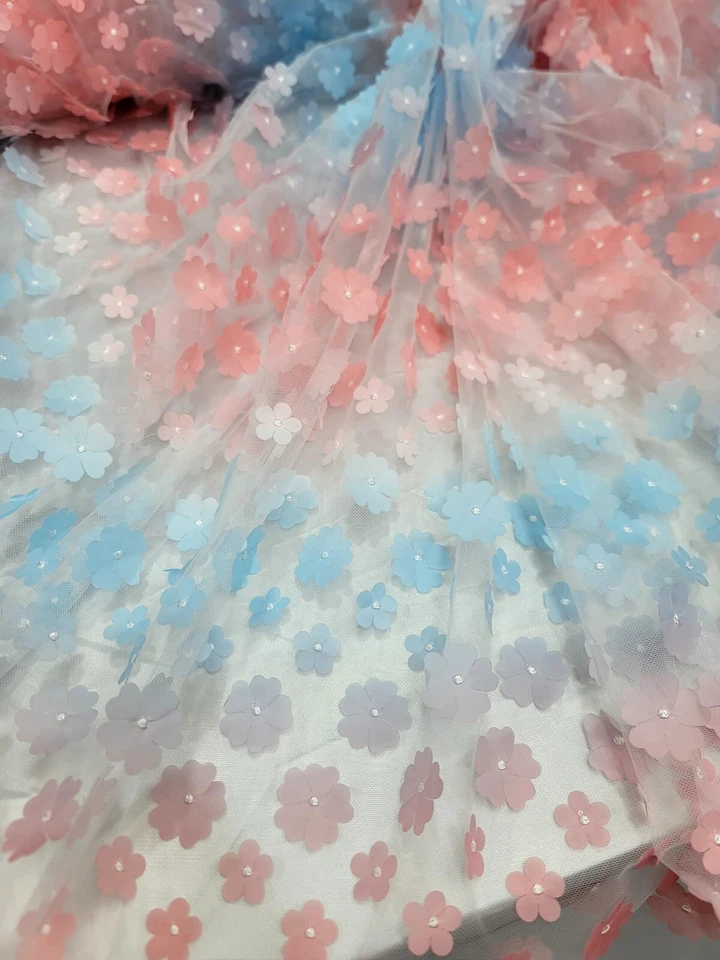 Cotton Candy Spring Floral Lace Fabric By the Yard 60" Wide Rainbow 3D Flowers - Image 2 of 4