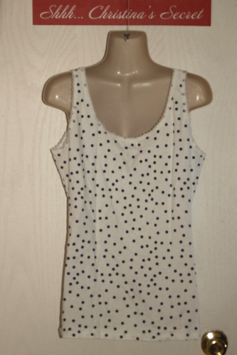 NEW ST JOHNS BAY Camisole Tank Top Cotton White Navy Blue Polka Dots Lace Sz L - Picture 3 of 6