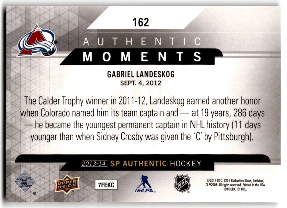2013-14 SP Authentic Moments Gabriel Landeskog #162 Colorado Avalanche - Image 2 of 2