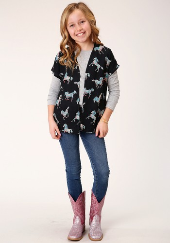 Roper Girls Kids Black Rayon/Nylon Wild Horses Cardigan - Picture 2 of 4