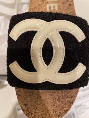 Chanel 20P Black Beige Patent CC Logo Cork Mule Slide Platform