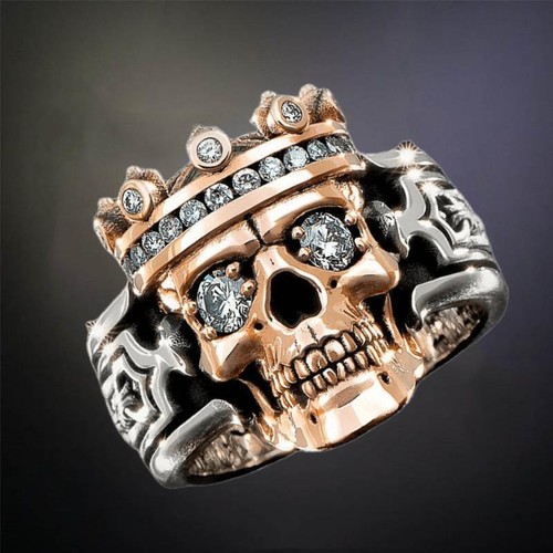 New Gothic Skull Crown Pattern Ring for Men Cz Zircon Punk Skull King - Picture 18 of 30