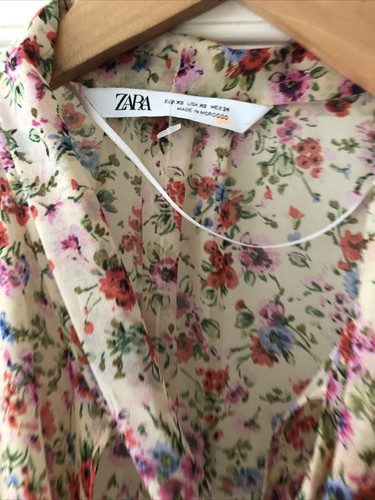 ZARA PRETTY FLORAL PINK FLOWERS BLOUSE SIZE XSMALL SHEER CROSS OVER CHEST 36" - Picture 6 of 11