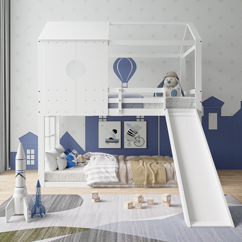 Hochbett 90x200cm Etagenbett Kiefer Kinderbett Hausbett mit Lattenrost & Rutsche - Bild 3 von 12