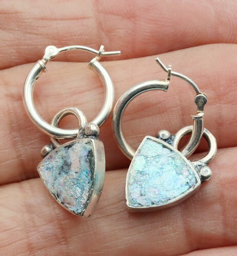 Roman Glass Silver 925 Earrings Ancient Authentic Fragment 200 B.C Bluish Patina - Picture 11 of 11