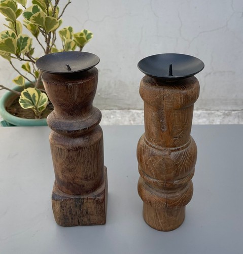 Vintage Old Wooden Iron Leg Candle Stand Home Decorative 2pc - 128 - Picture 3 of 19