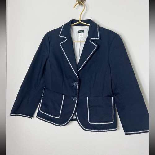 EUC J Crew Schoolboy Blazer Jacket Navy Cotton Ruffle White Trim  Size 6 - Picture 1 of 13
