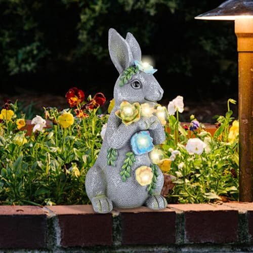  Garden Statues with Solar Lantern Outdoor Bunny Figurines Rabbit Bronze  - Picture 8 of 8