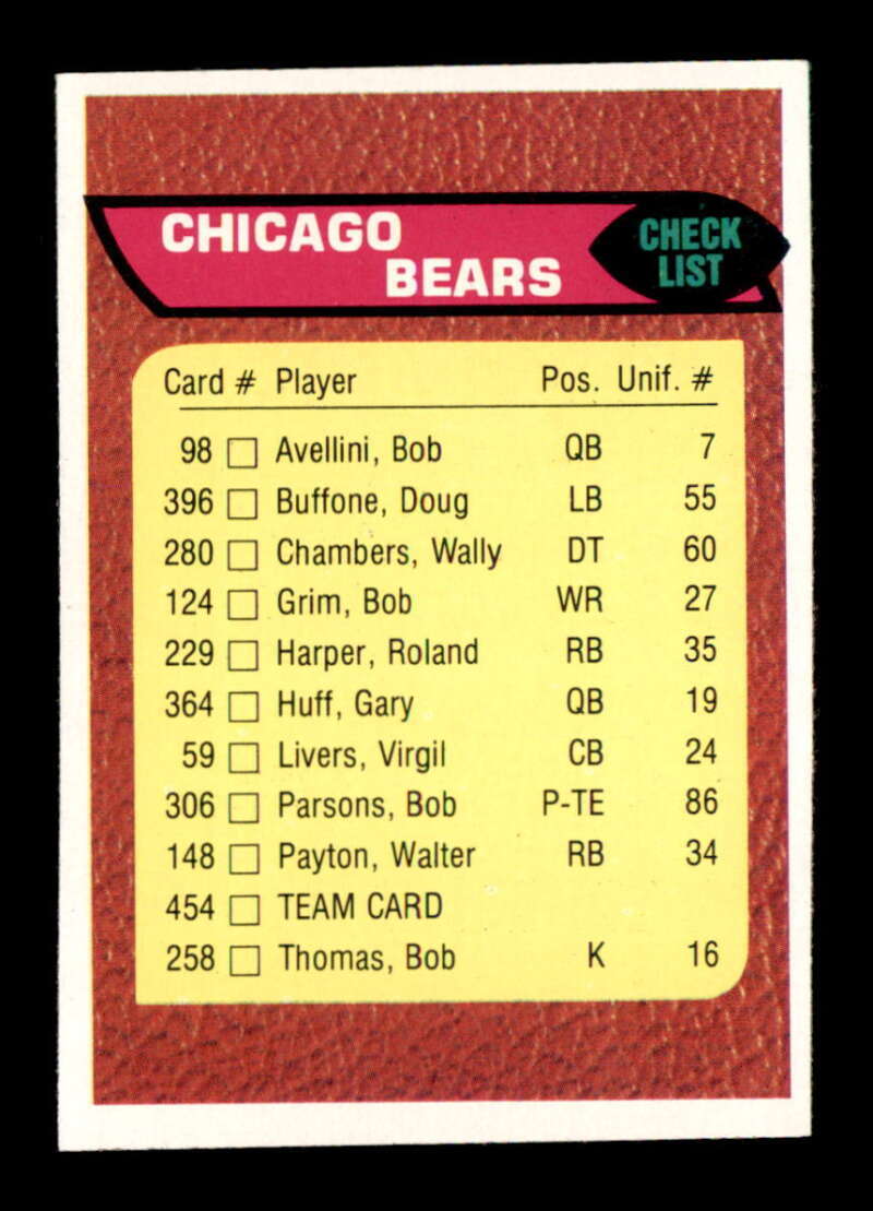 1976 Topps #454 Chicago Bears Team Checklist NM X3270260