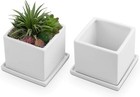 Matte White Square Ceramic Planters with Matching Removable Saucers, Set of 2