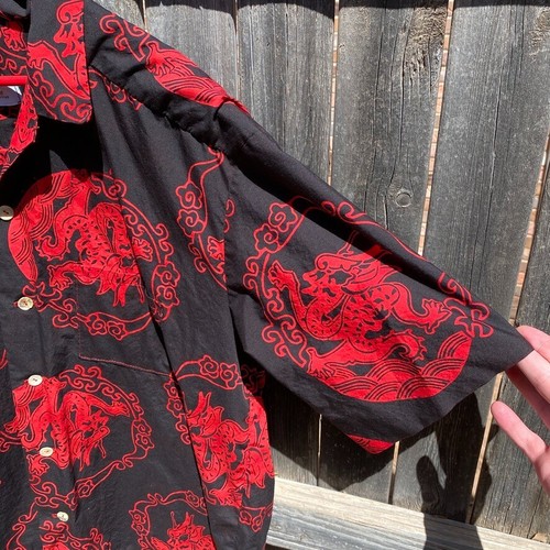 90s y2k ELE Laguna Beach camp collar black red dragon Asian tropical shirt sz XL - Picture 6 of 8