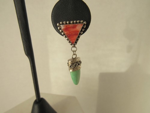 Vintage Southwestern Style Turquoise & Spiny Oyster Earrings 925 - Picture 3 of 10