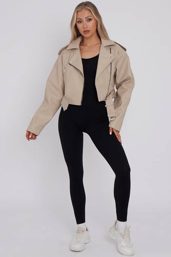 Women’s Ladies Biker Faux Leather Jacket Cropped Short Belted Zip Up Coat 8-14 - Picture 26 of 27