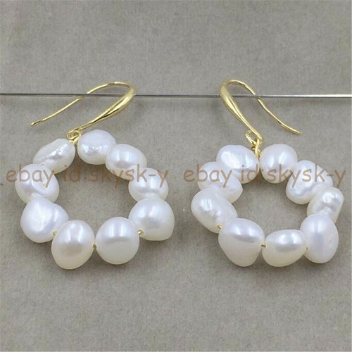 Natural 5-6mm White Freshwater Baroque Pearl Beaded Ring Dangle Hook Earrings - Picture 4 of 4