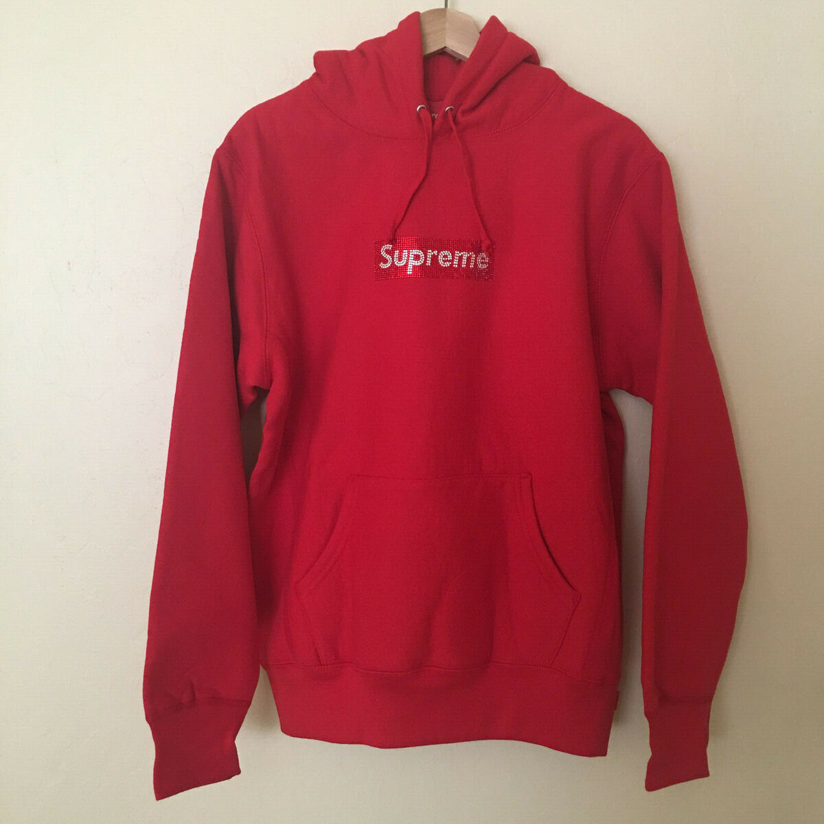 SUPREME X SWAROVSKI Crystal Box Logo Hooded Sweatshirt Hoodie Red Sz M RARE  NEW