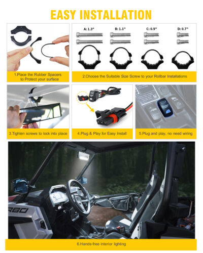 Luces de espejo retrovisor central UTV de 9 pulgadas para barra Polaris RZR Can-Am X3 de 1,75"-2" - Imagen 7 de 8