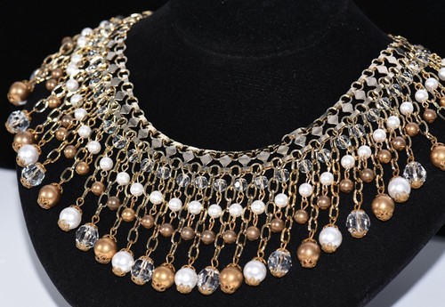 Vendome Style EGYPTIAN Revival Faux PEARL Clear and Bronze BEADED Wide Necklace - Picture 3 of 7