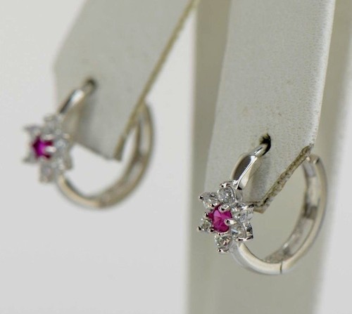 14k White Gold Flower Huggies Hoop Earring Birthstone - Picture 1 of 12