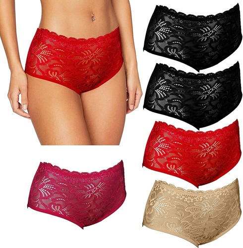 6 Pack High Waist Lace Panties Cotton Brief Stretchy Sheer Floral Underpants - Picture 29 of 36