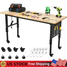 Adjustable Height Workbench 60"x24",Wood Work Table Garage w/Pegboard and Wheels