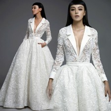Gorgeous White/Ivory Lace A Line Wedding Dress Long Sleeve Empire Bridal Gown