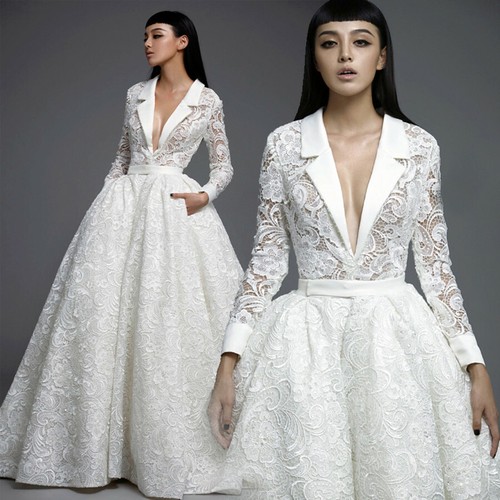 Gorgeous White/Ivory Lace A Line Wedding Dress Long Sleeve Empire Bridal Gown - 第 1/3 張圖片
