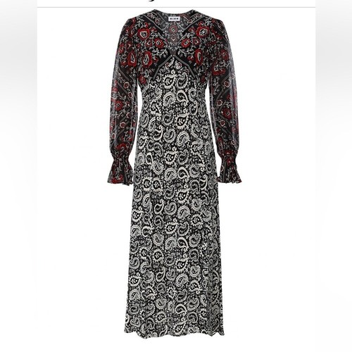 RIXO Alice Floral Paisley weiß, schwarz, rot Langarm Midi Seidenkleid - Bild 4 von 16