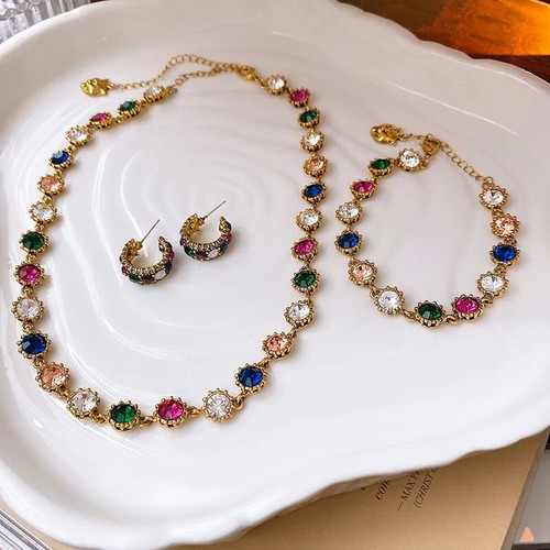 Classic Women Girls Exaggerated Palace Crystal Necklace Earrings Luxury Jewelry - Picture 3 of 9