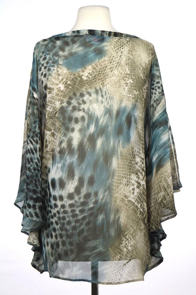 Blusa Top Tres Lunares Talla M Marrón Azul Estampado Animal Ala de Murciélago Camisa Informal Foto 2 de 4