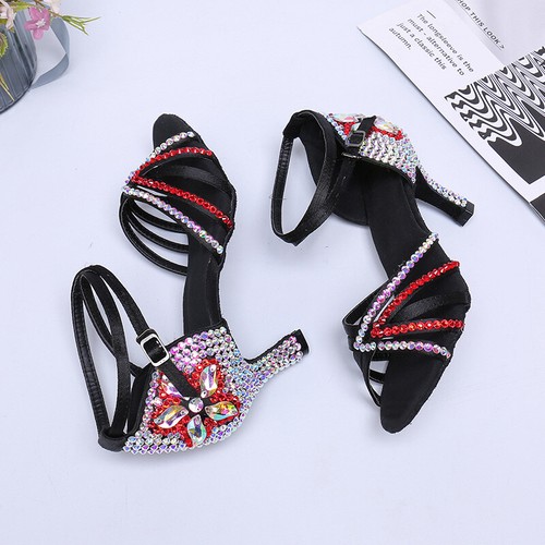 Womens New Diamond Decor Round Toe Mid Heels Buckle Straps Latin Dance Shoes - Picture 9 of 12