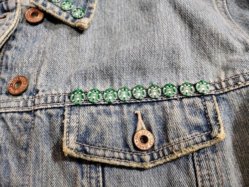 Hand Painted Embellished Womens Large Starbucks Coffee Blue Denim Jacket Mermaid - Picture 10 of 18