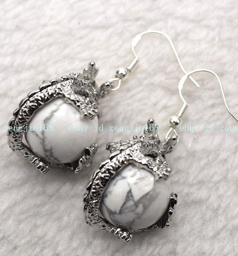 White Howlite Beads Drop Earrings Natural Stone Silver Tone Hook Gemstone Simple - Picture 12 of 12