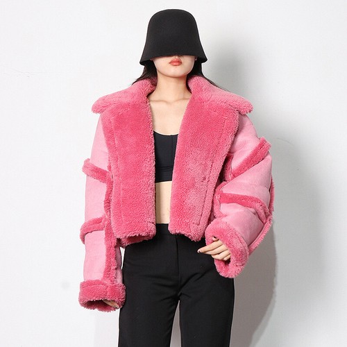 Womens Thicken Faux Fur Lapel Collar Patchwork Jacket Winter Warm Outwear Coat
