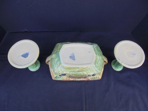 ROSEVILLE Art Pottery BLACKBERRY CANDLESTICKS & CONSOLE BOWL SET EXCELLENT - Picture 4 of 24