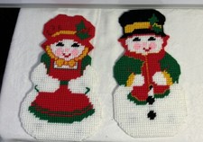 Vintage Christmas Wall Hangings 1980 Snowman and Mrs. Plastic Canvas Handmade