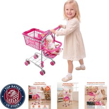 Lightweight Folding Kids Shopping Cart with Included Doll for Role Play Fun