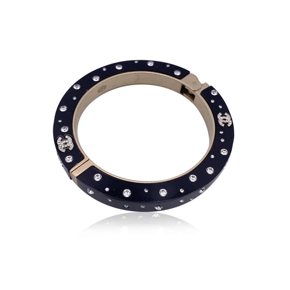Authentic Chanel Black Resin Rhinestone Crystal CC Logo Cuff