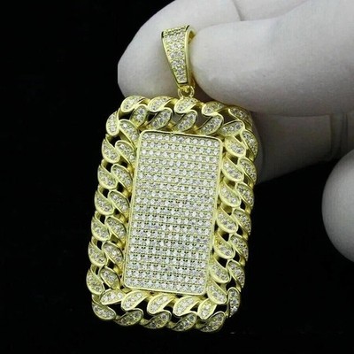 2.70Ct Round Real Moissanite Men's Dog Tag Charm Pendant 14K Yellow Gold Plated